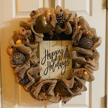 Load image into Gallery viewer, Beige Happy Holiday Mesh Wreath with Lights
