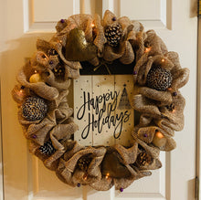 Load image into Gallery viewer, Beige Happy Holiday Mesh Wreath with Lights
