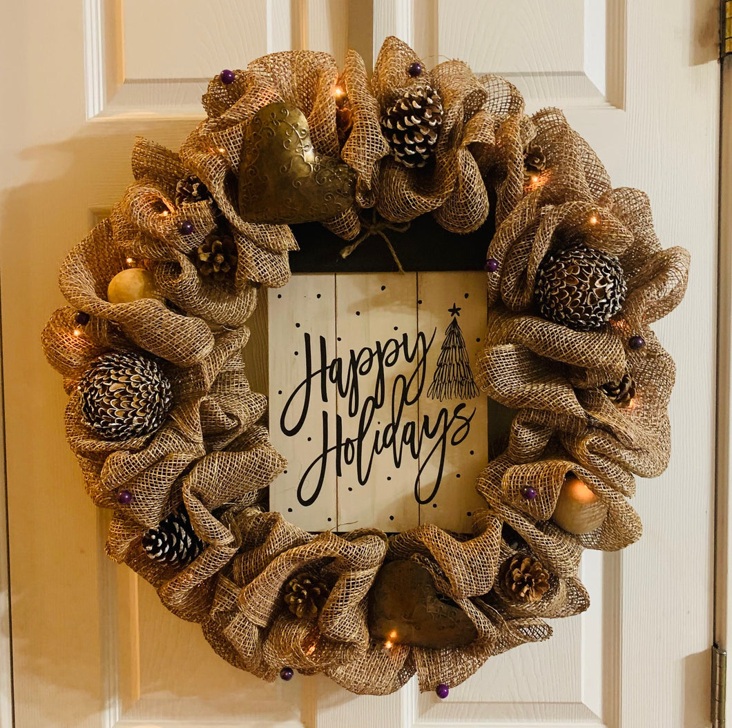 Beige Happy Holiday Mesh Wreath with Lights