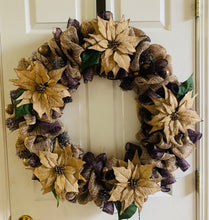 Load image into Gallery viewer, Beige &amp; Purple Poinsettia Wreath with Lights
