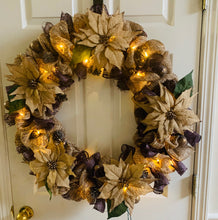 Load image into Gallery viewer, Beige &amp; Purple Poinsettia Wreath with Lights
