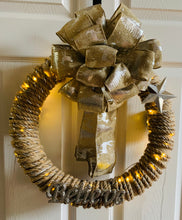 Load image into Gallery viewer, Beige &amp; Tote &quot;Believe&quot; Wreath with Lights
