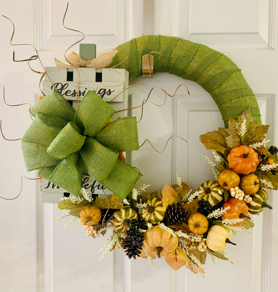 Blessing n Thankful Green Mesh Wreath