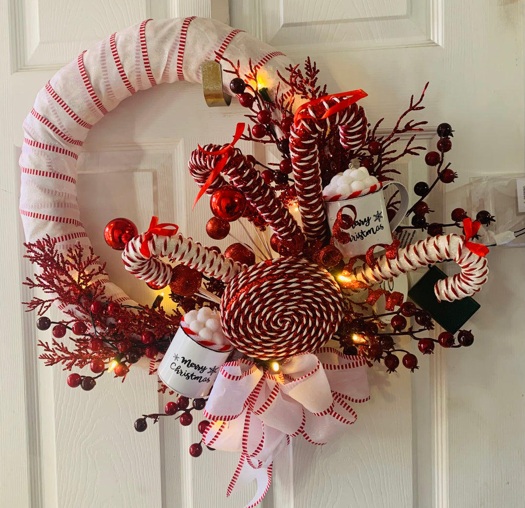 Candy Cane Christmas Wreath with Lights