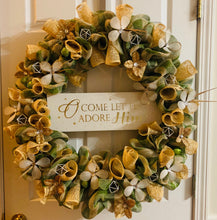 Load image into Gallery viewer, &quot;Come Let US Adore Him&quot; Green &amp; Beige Mesh Wreath with Lights
