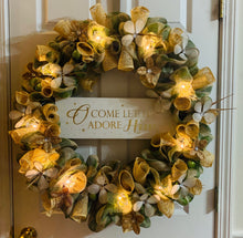 Load image into Gallery viewer, &quot;Come Let US Adore Him&quot; Green &amp; Beige Mesh Wreath with Lights
