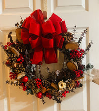 Load image into Gallery viewer, Eucalyptus Red &amp; Brown Grapevine Wreath with Lights
