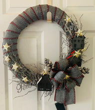 Load image into Gallery viewer, Family House Blue Jean &amp; Red Wreath with Star Lights
