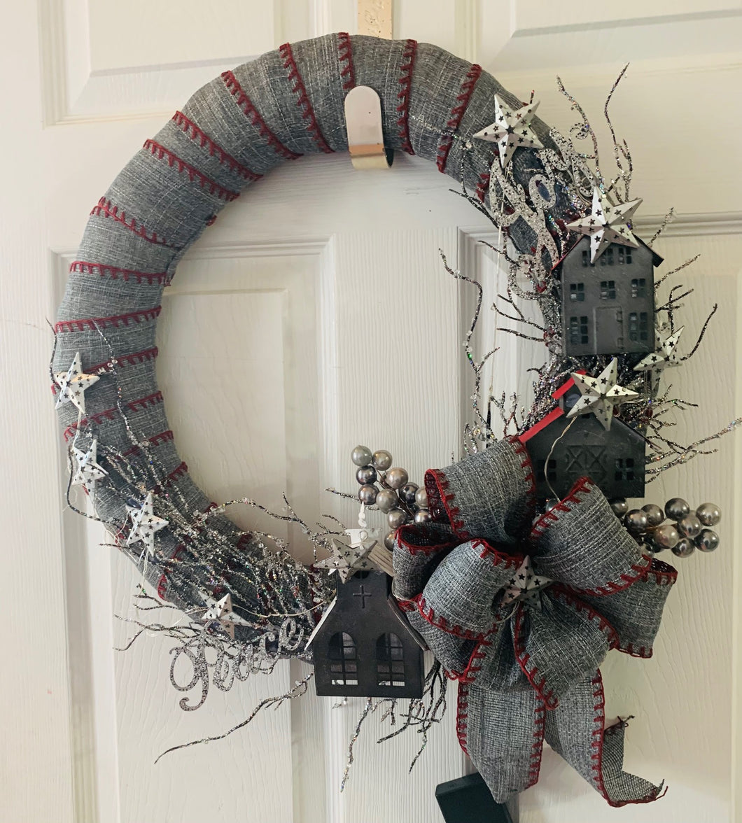 Family House Blue Jean & Red Wreath with Star Lights