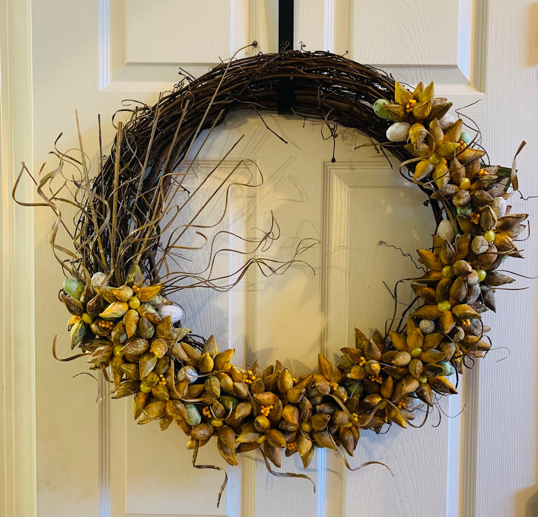 Grapevine Wreath with Yellow Blossoms and Lights