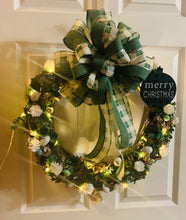 Load image into Gallery viewer, Green &amp; Beige Christmas Wreath with Lights
