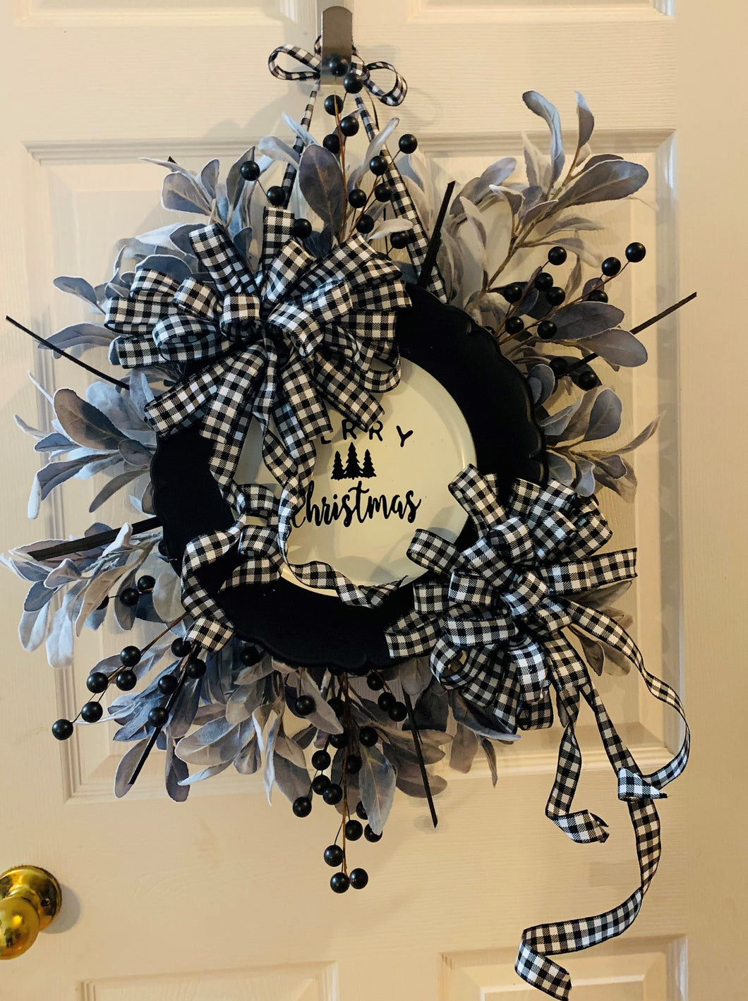 Christmas Wreath - Black & White Checker Merry Christmas
