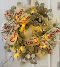 Load image into Gallery viewer, Merry Christmas Gold &amp; Silver Leaf Wreath with Lights
