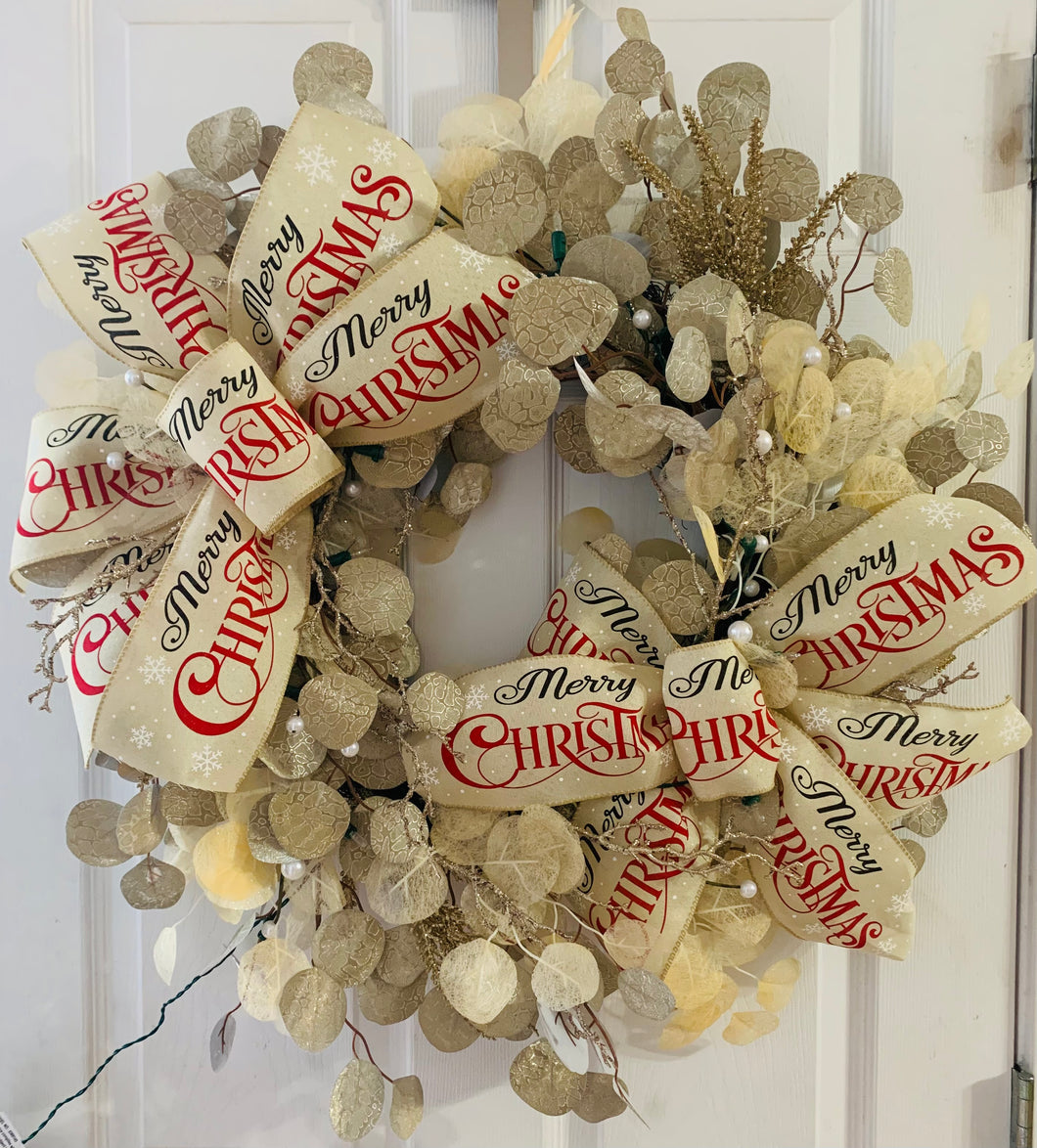 Merry Christmas Gold & Silver Leaf Wreath with Lights