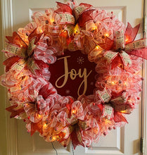 Load image into Gallery viewer, Mistletoe Peppermint Christmas Mesh Wreath with Lights
